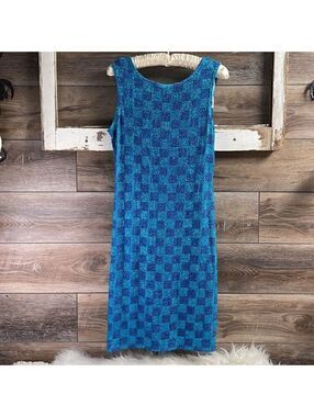 John Roberts Size 8 Teal Geometric Glitter Sleeveless Cocktail Dress Made in USA